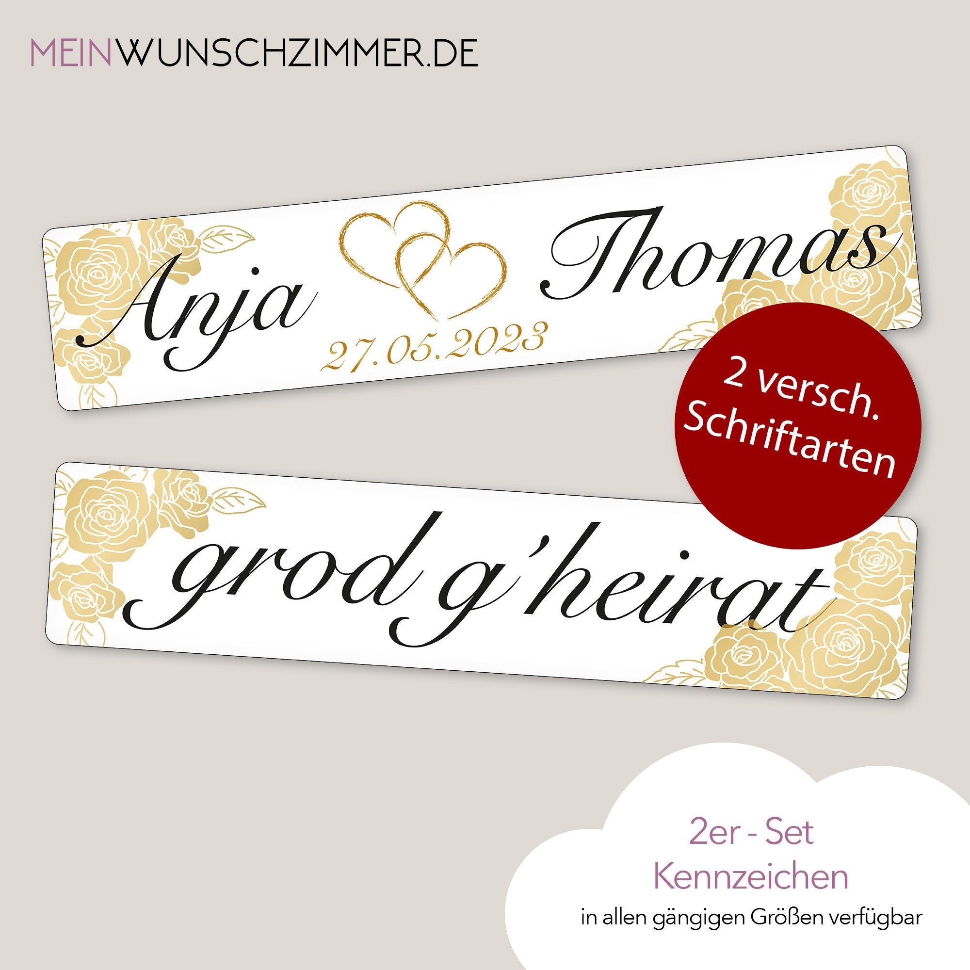 Hochzeitskennzeichen „Grod g'heirat“ – Blumen & Herz Gold, personalisiert für Hochzeitsauto