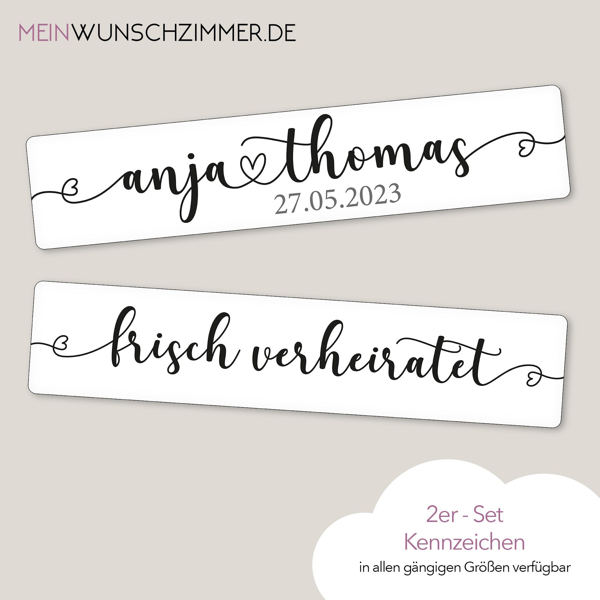 Hochzeitskennzeichen „Frisch verheiratet“ – Herz, personalisiert für Hochzeitsauto