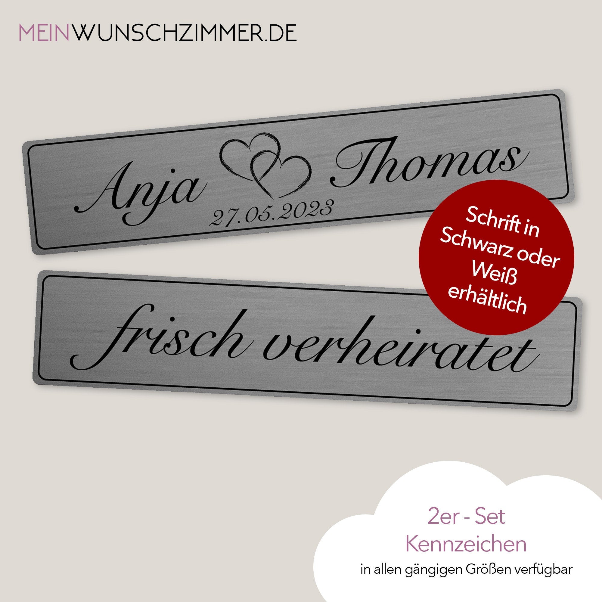 Hochzeitskennzeichen „Frisch verheiratet“ – Silber, personalisiert für Hochzeitsauto