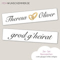 Hochzeitskennzeichen „Grod g'heirat“, personalisiert für Hochzeitsauto