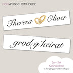 Hochzeitskennzeichen „Grod g'heirat“, personalisiert für Hochzeitsauto