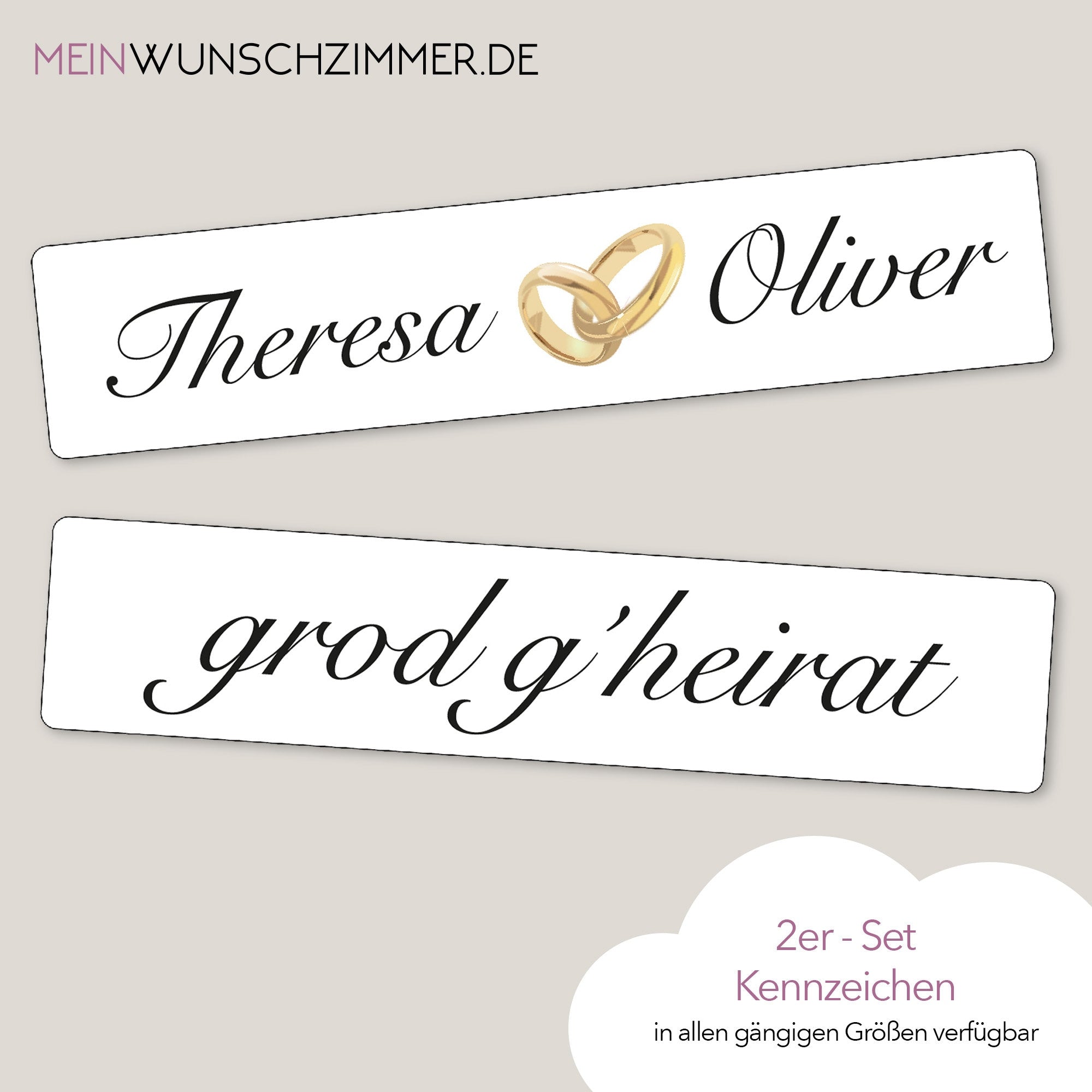 Hochzeitskennzeichen „Grod g'heirat“, personalisiert für Hochzeitsauto