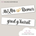 Hochzeitskennzeichen „Grod g'heirat“, personalisiert für Hochzeitsauto
