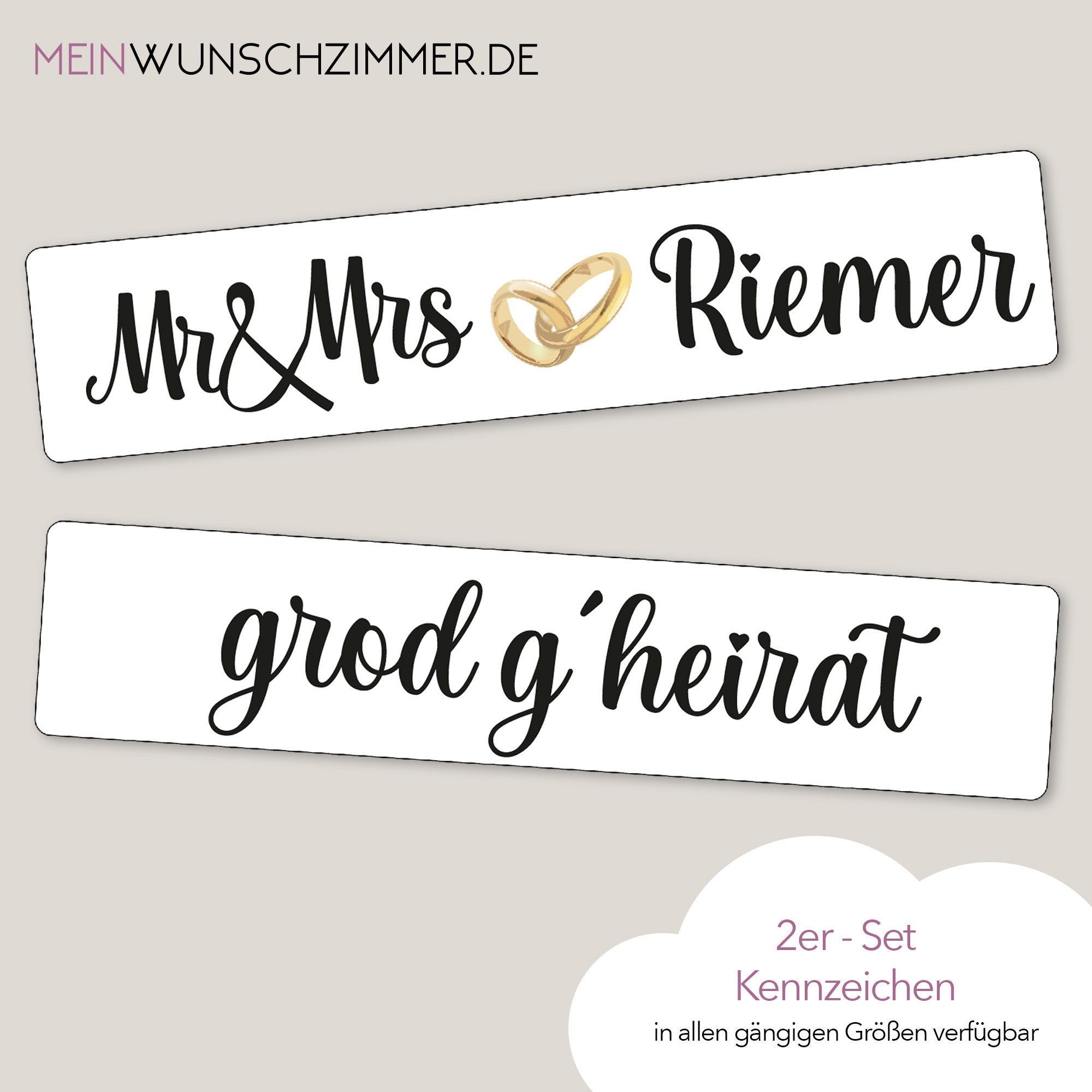Hochzeitskennzeichen „Grod g'heirat“, personalisiert für Hochzeitsauto
