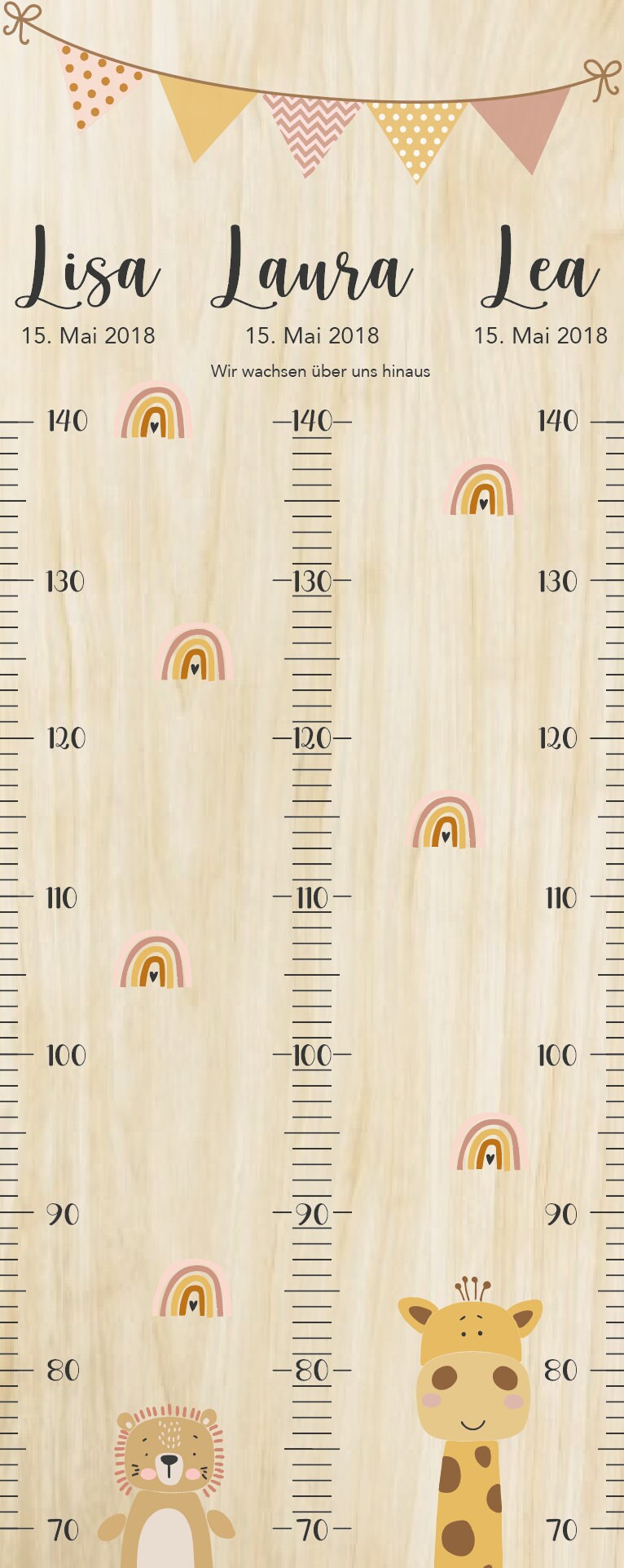 Drillinge Messlatte Afrikatiere Kinder 70-140cm, Drillinge, Messlatte Holz, Baby, Taufgeschenk, Personalisiert, Kinderzimmer, Geburt