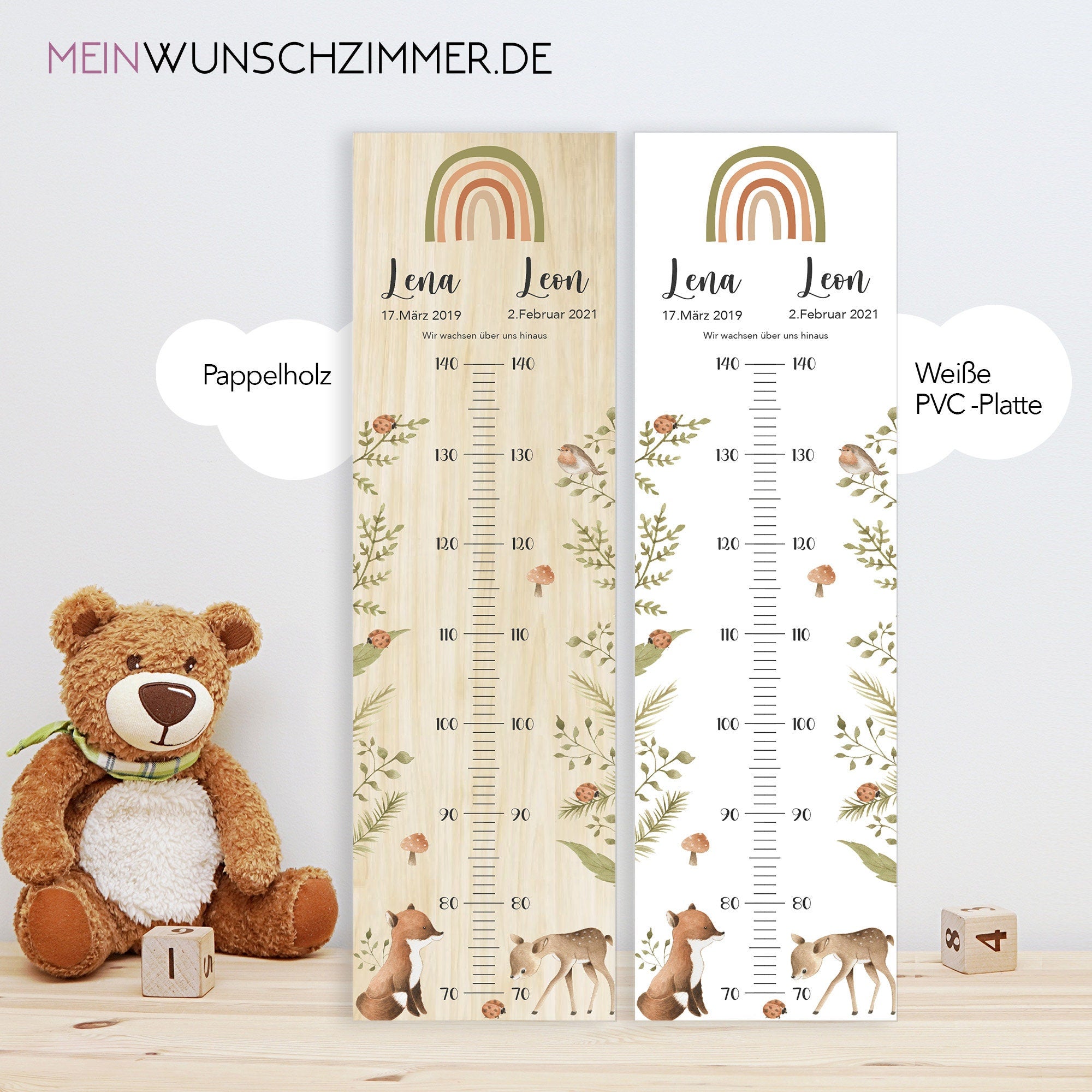 Geschwister Messlatte Wald Kinder 70-140cm, Zwillinge, Messlatte Holz, Baby, Taufgeschenk, Personalisiert, Kinderzimmer, Geburt