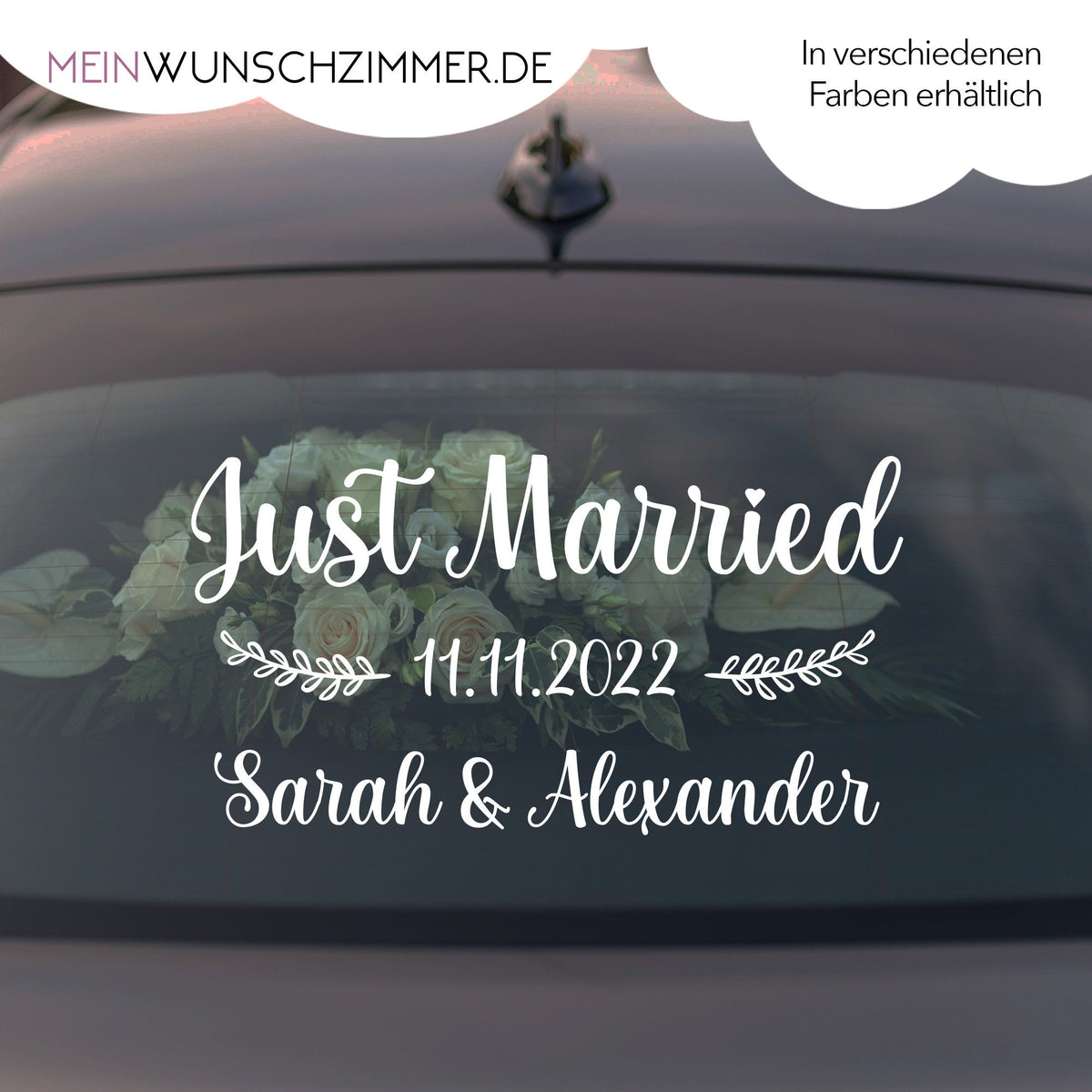 Hochzeitsauto-Aufkleber „Just Married“ mit Namen & Datum – Design 2 für die Heckscheibe