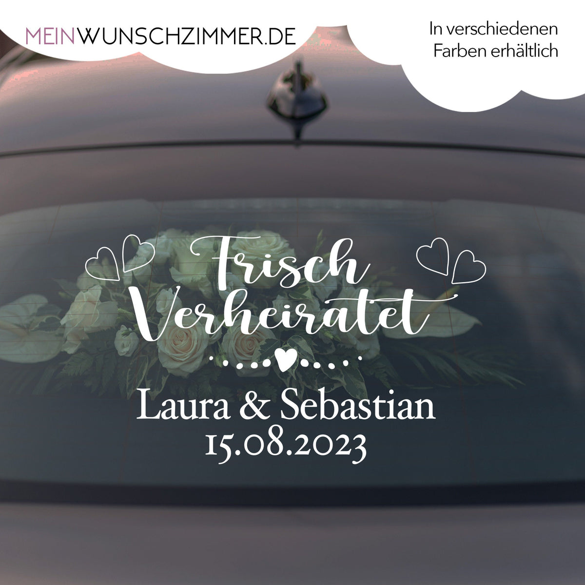 Hochzeitsauto-Aufkleber „Frisch verheiratet“ für die Heckscheibe