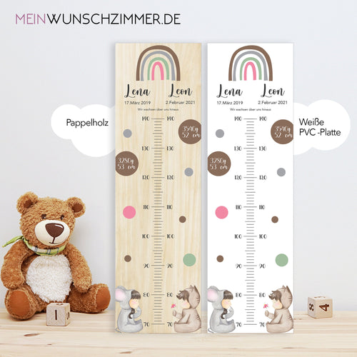 Geschwister Messlatte Maus-Katze Kinder 70-140cm, Zwillinge, Messlatte Holz, Baby, Taufgeschenk, Personalisiert, Kinderzimmer, Geburt