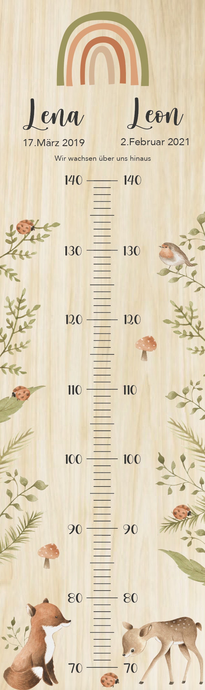 Geschwister Messlatte Wald Kinder 70-140cm, Zwillinge, Messlatte Holz, Baby, Taufgeschenk, Personalisiert, Kinderzimmer, Geburt