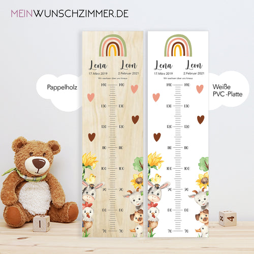 Geschwister Messlatte Bauernhof, Kinder 70-140cm, Zwillinge, Messlatte Kinder Holz, Taufgeschenk, Personalisiert, Kinderzimmer, Geburt