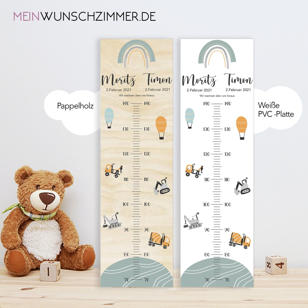 Geschwister Messlatte Baustelle Kinder 70-140cm, Zwillinge, Messlatte Holz, Baby, Taufgeschenk, Personalisiert, Kinderzimmer, Geburt