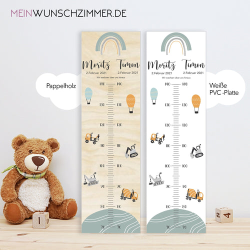 Geschwister Messlatte Baustelle Kinder 70-140cm, Zwillinge, Messlatte Holz, Baby, Taufgeschenk, Personalisiert, Kinderzimmer, Geburt