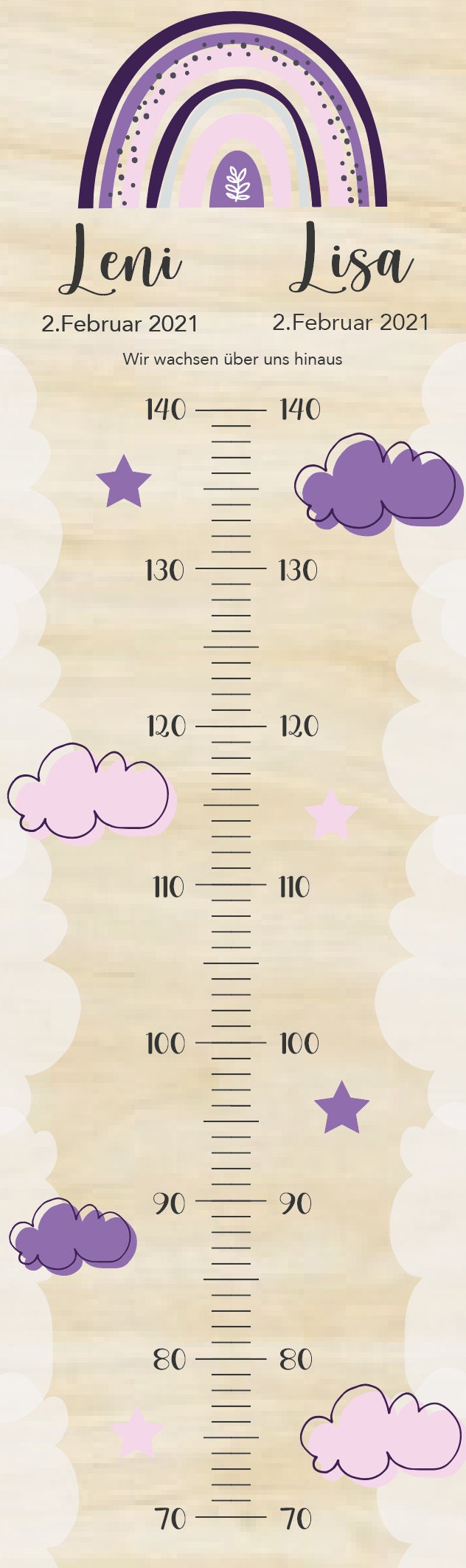 Geschwister Messlatte Lila Wolken Kinder 70-140cm, Zwillinge, Messlatte Holz, Baby, Taufgeschenk, Personalisiert, Kinderzimmer, Geburt