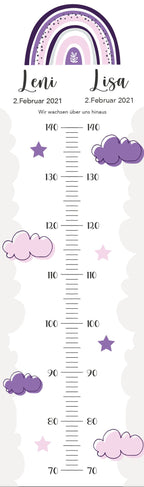 Geschwister Messlatte Lila Wolken Kinder 70-140cm, Zwillinge, Messlatte Holz, Baby, Taufgeschenk, Personalisiert, Kinderzimmer, Geburt