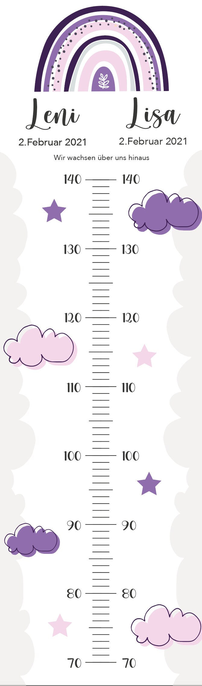 Geschwister Messlatte Lila Wolken Kinder 70-140cm, Zwillinge, Messlatte Holz, Baby, Taufgeschenk, Personalisiert, Kinderzimmer, Geburt