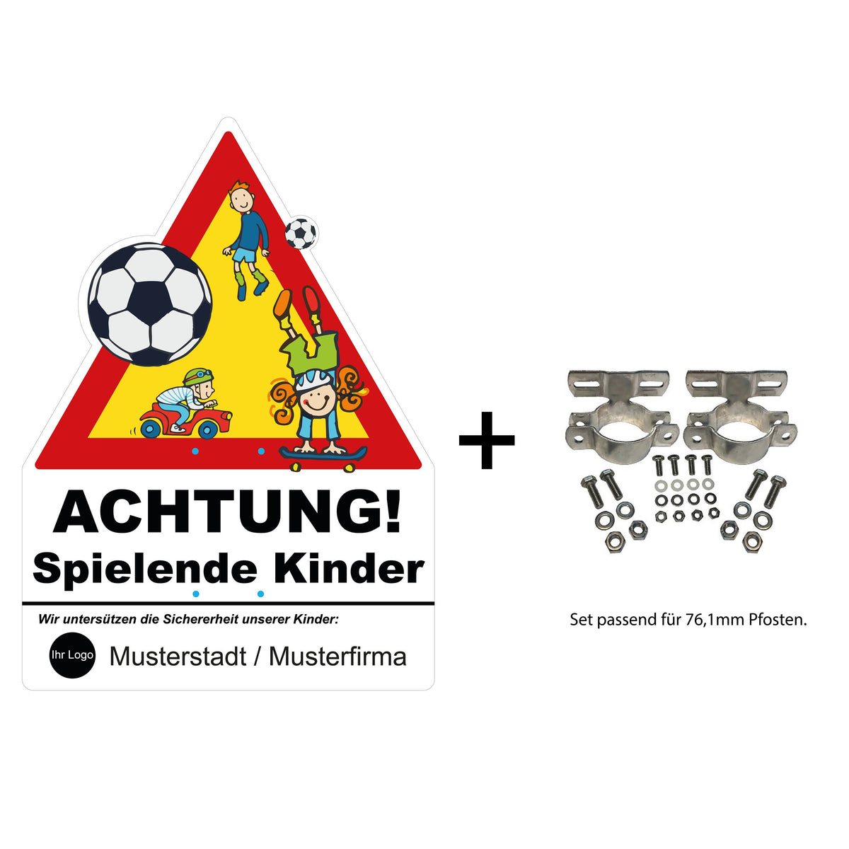Aluverbund Warnschild mit Sponsorenlogo und Bohrungen
