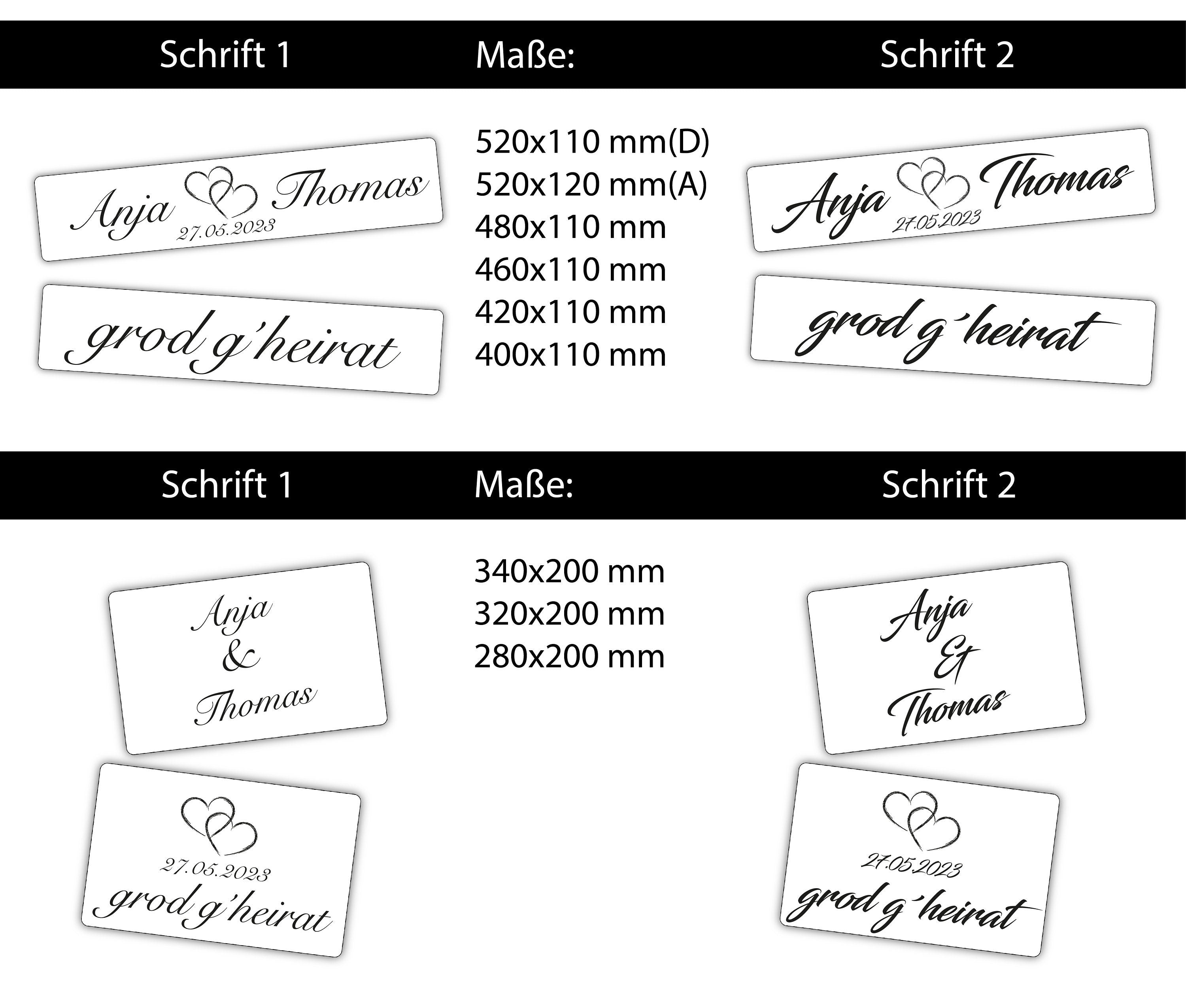 Hochzeitskennzeichen „Grod g'heirat“ – Herz Schwarz, personalisiert für Hochzeitsauto