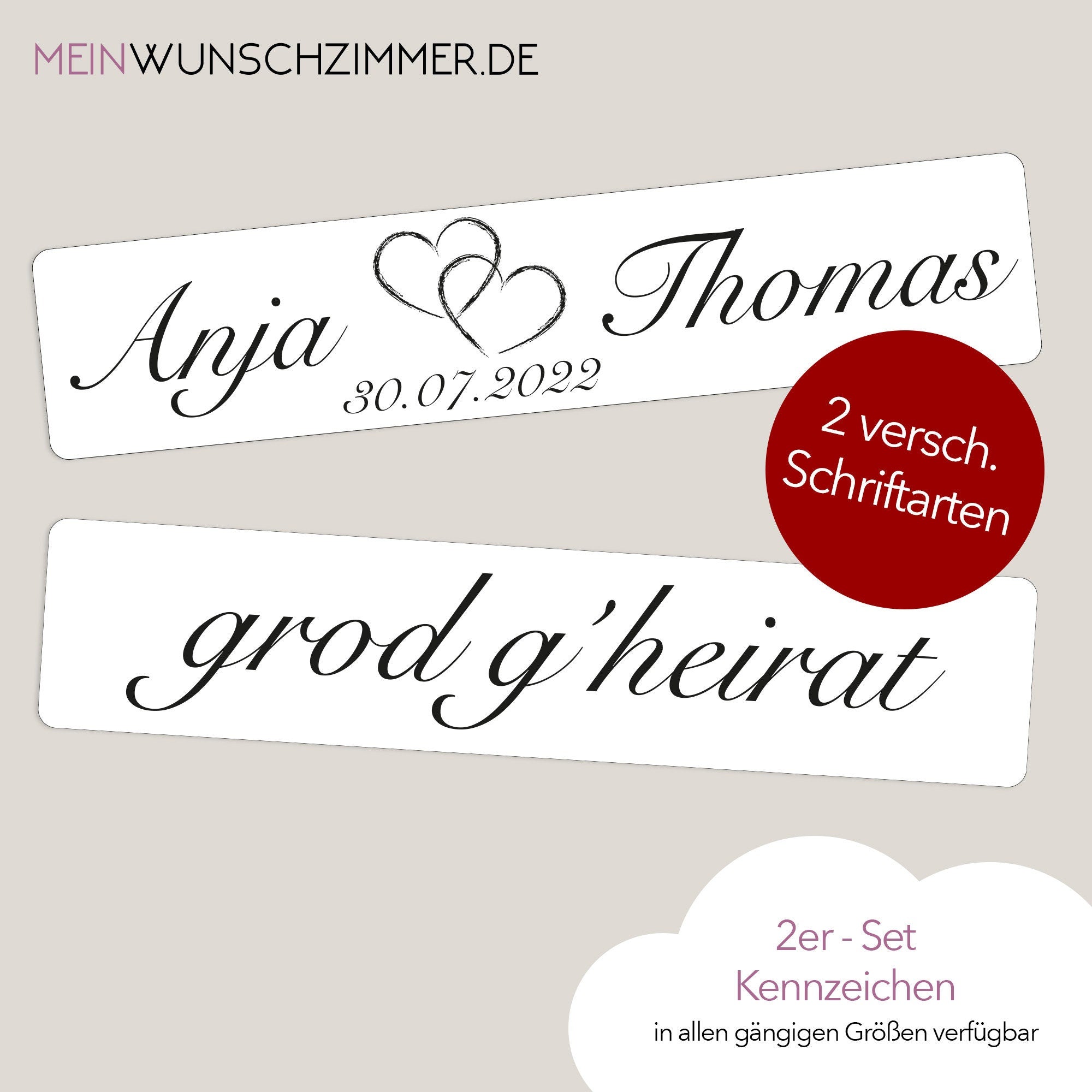 Hochzeitskennzeichen „Grod g'heirat“ – Herz Schwarz, personalisiert für Hochzeitsauto