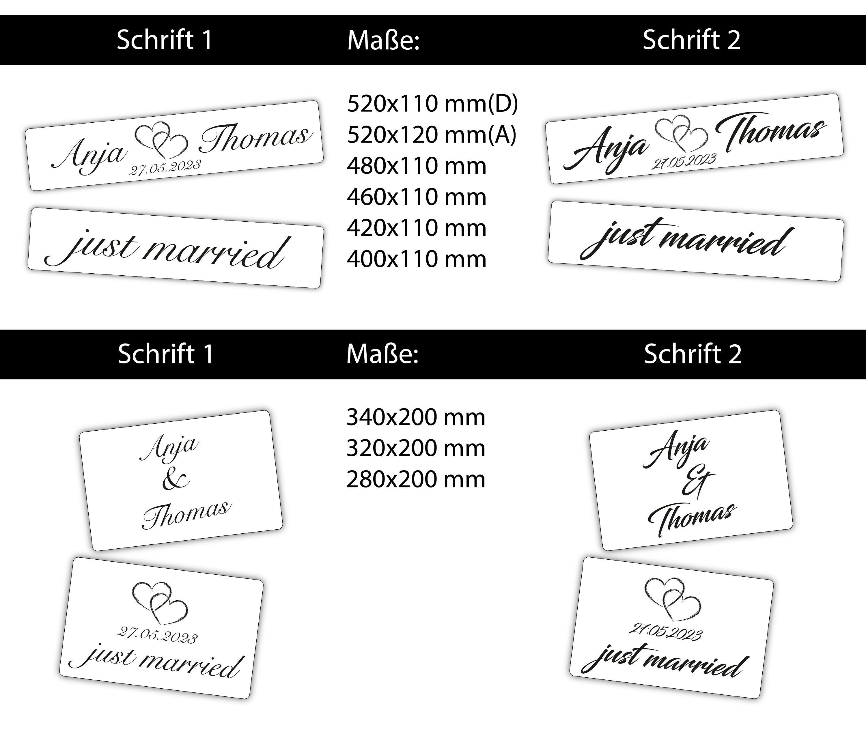 Hochzeitskennzeichen „Just Married“ – Herz Schwarz, personalisiert für Hochzeitsauto