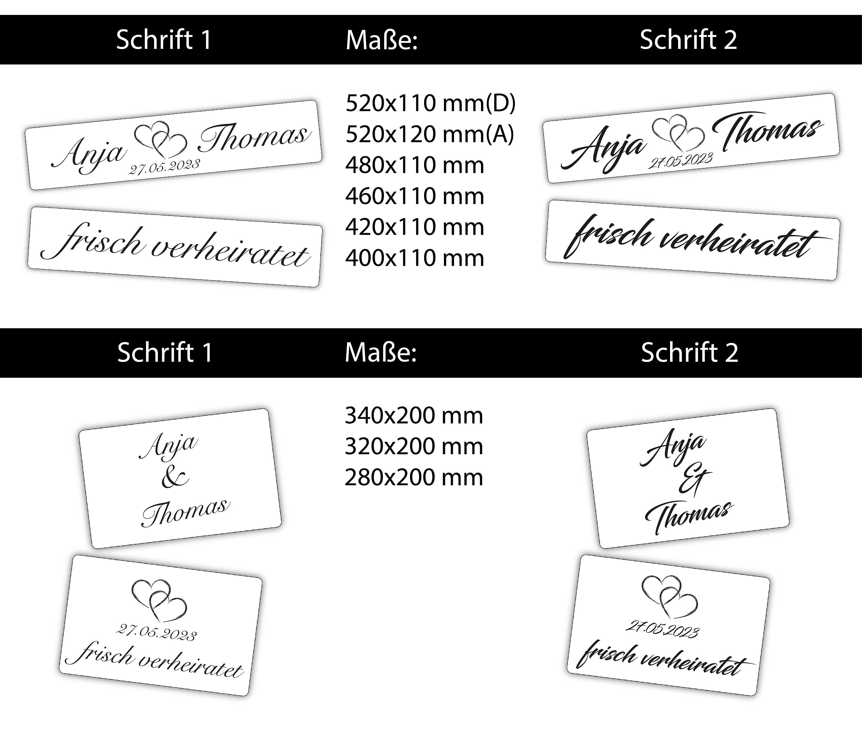 Hochzeitskennzeichen „Frisch verheiratet“ – Herz Schwarz, personalisiert für Hochzeitsauto