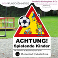 Warnschild Achtung spielende Kinder mit Sponsorenlogo