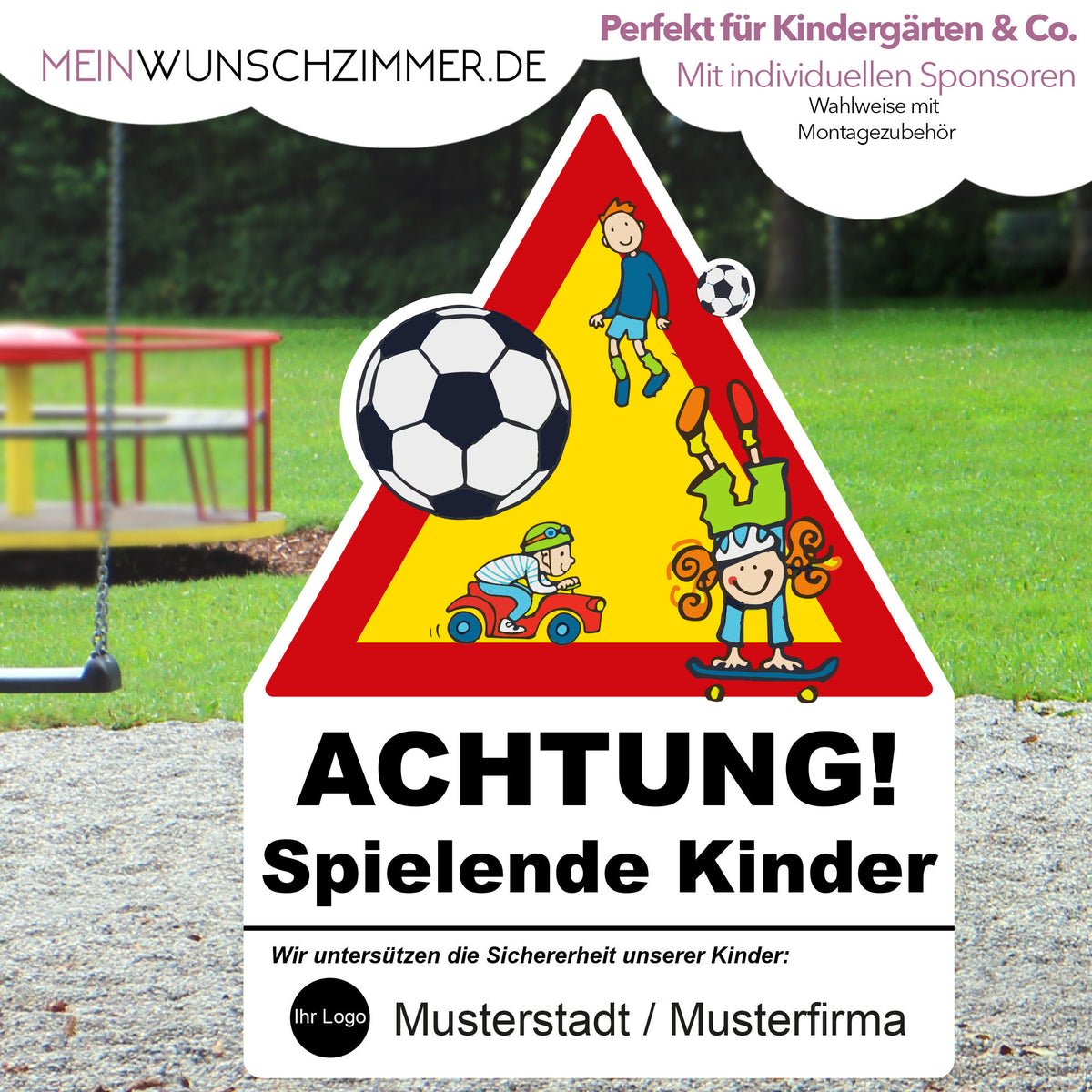 Warnschild Achtung spielende Kinder mit Sponsorenlogo