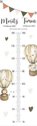 Geschwister Messlatte Heißluftballon Kinder 70-140cm, Zwillinge, Messlatte Holz, Baby, Taufgeschenk, Personalisiert, Kinderzimmer, Geburt