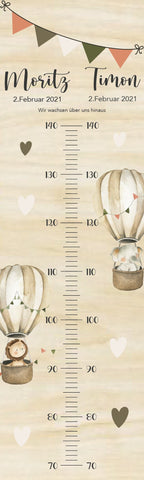 Geschwister Messlatte Heißluftballon Kinder 70-140cm, Zwillinge, Messlatte Holz, Baby, Taufgeschenk, Personalisiert, Kinderzimmer, Geburt
