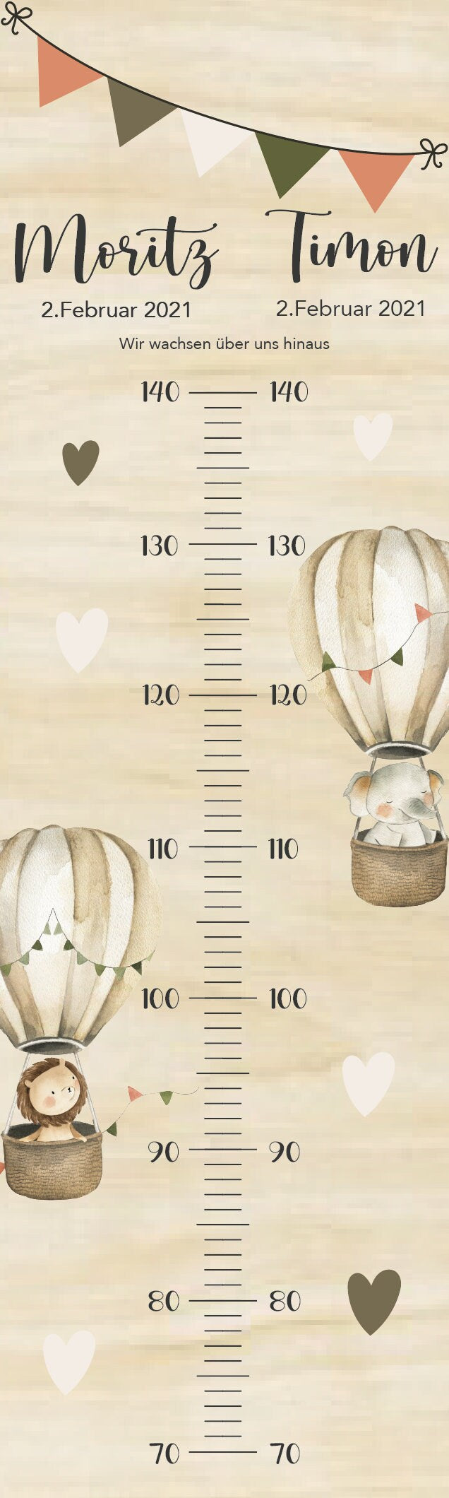 Geschwister Messlatte Heißluftballon Kinder 70-140cm, Zwillinge, Messlatte Holz, Baby, Taufgeschenk, Personalisiert, Kinderzimmer, Geburt