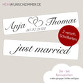 Hochzeitskennzeichen „Just Married“ – Herz Schwarz, personalisiert für Hochzeitsauto