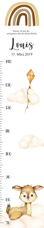 Messlatte Wolke Reh Kinder 70-140cm, Messlatte Kinder Holz, Messlatte, Baby, Taufgeschenk, Messlatte personalisiert Kinderzimmer Deko Geburt