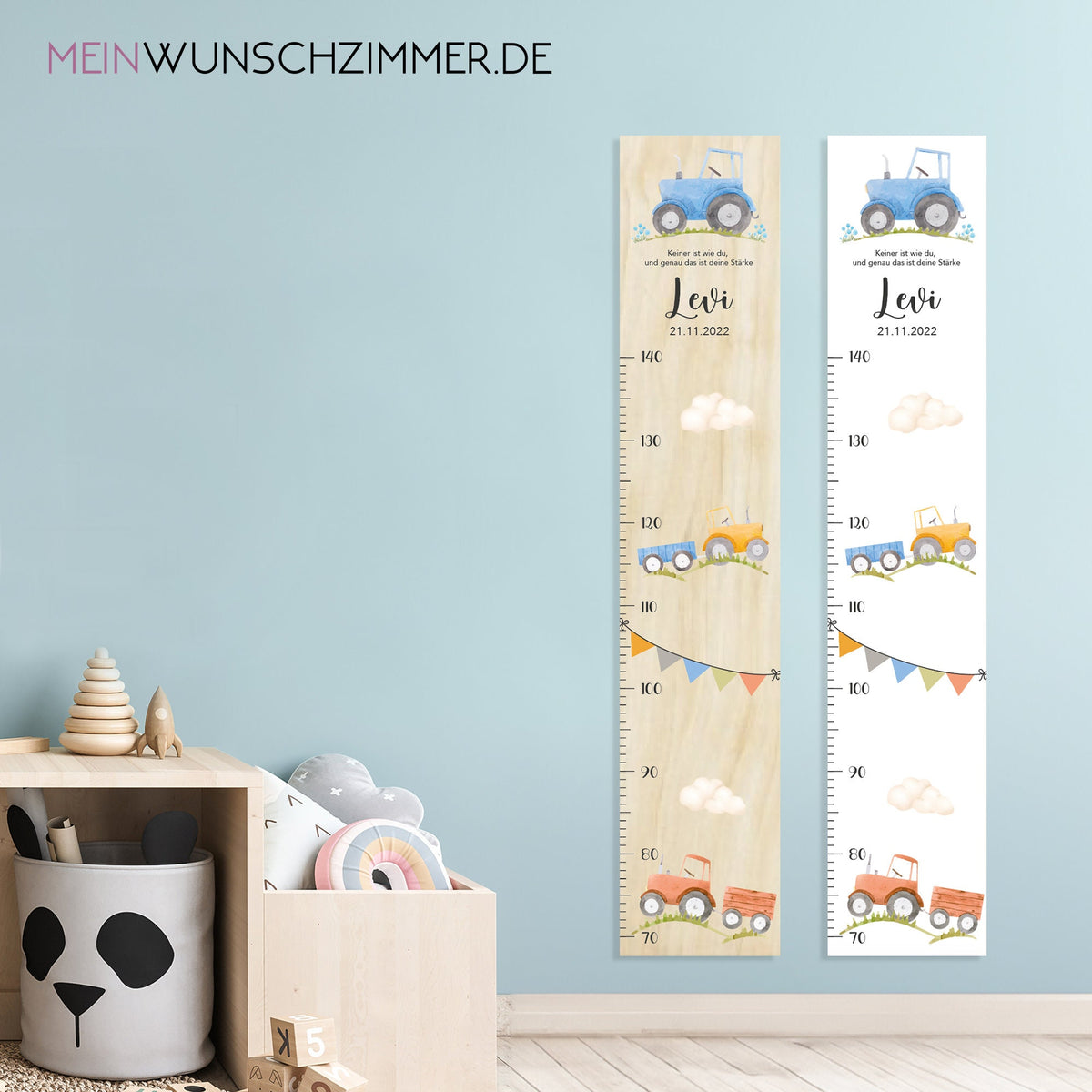 Personalisierte Messlatte aus Holz – Motiv Traktor