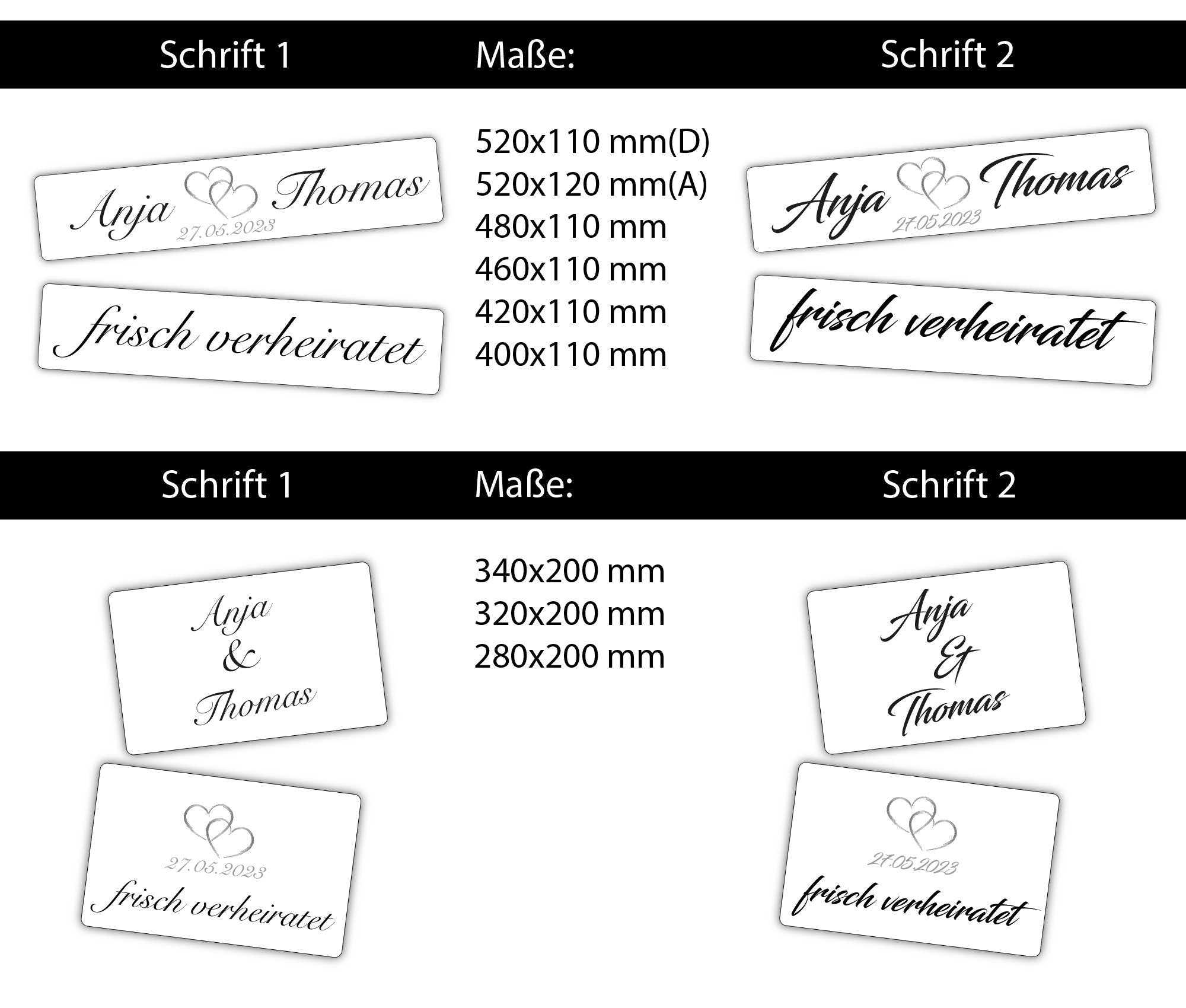 Hochzeitskennzeichen „Frisch verheiratet“ – Herz Silber, personalisiert für Hochzeitsauto