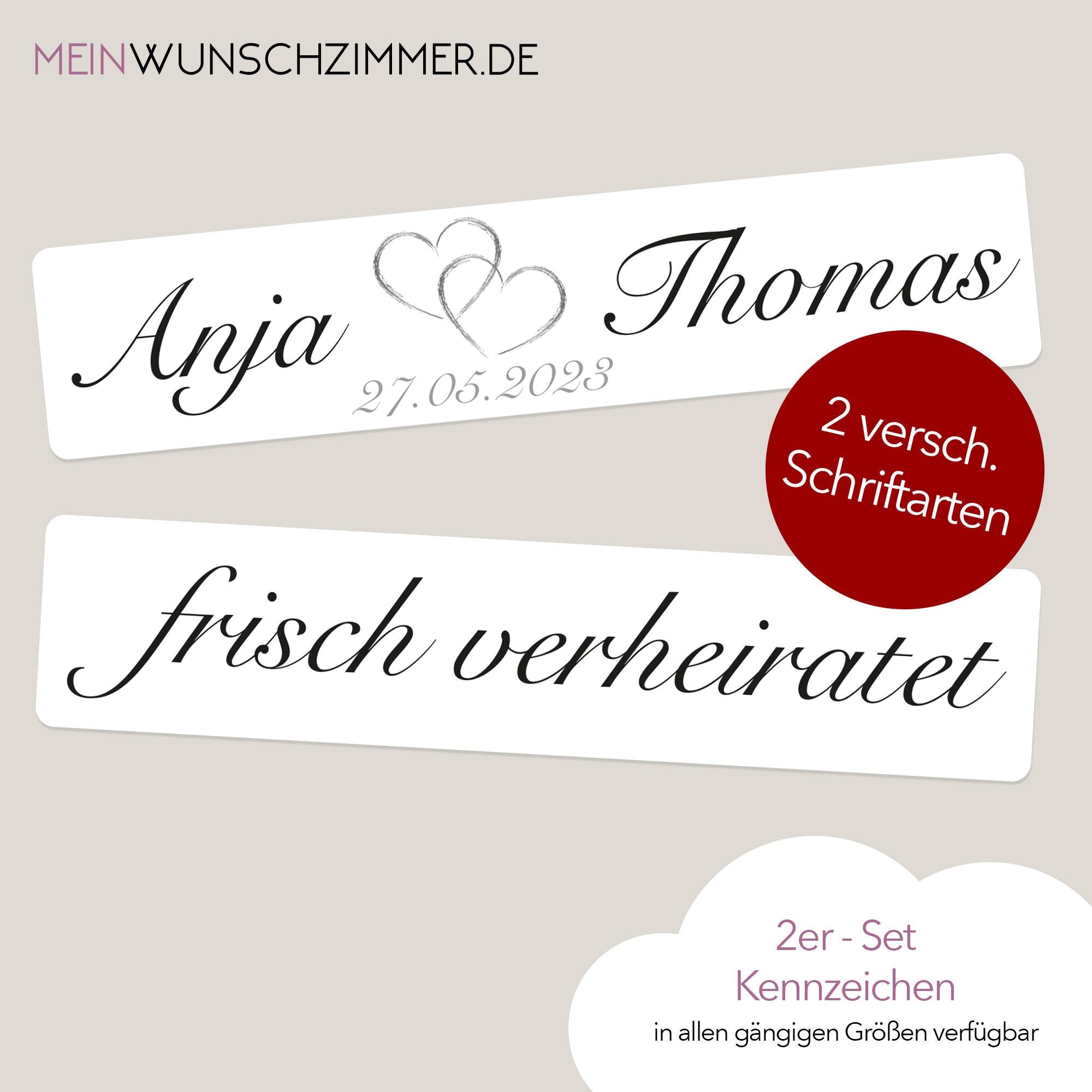 Hochzeitskennzeichen „Frisch verheiratet“ – Herz Silber, personalisiert für Hochzeitsauto