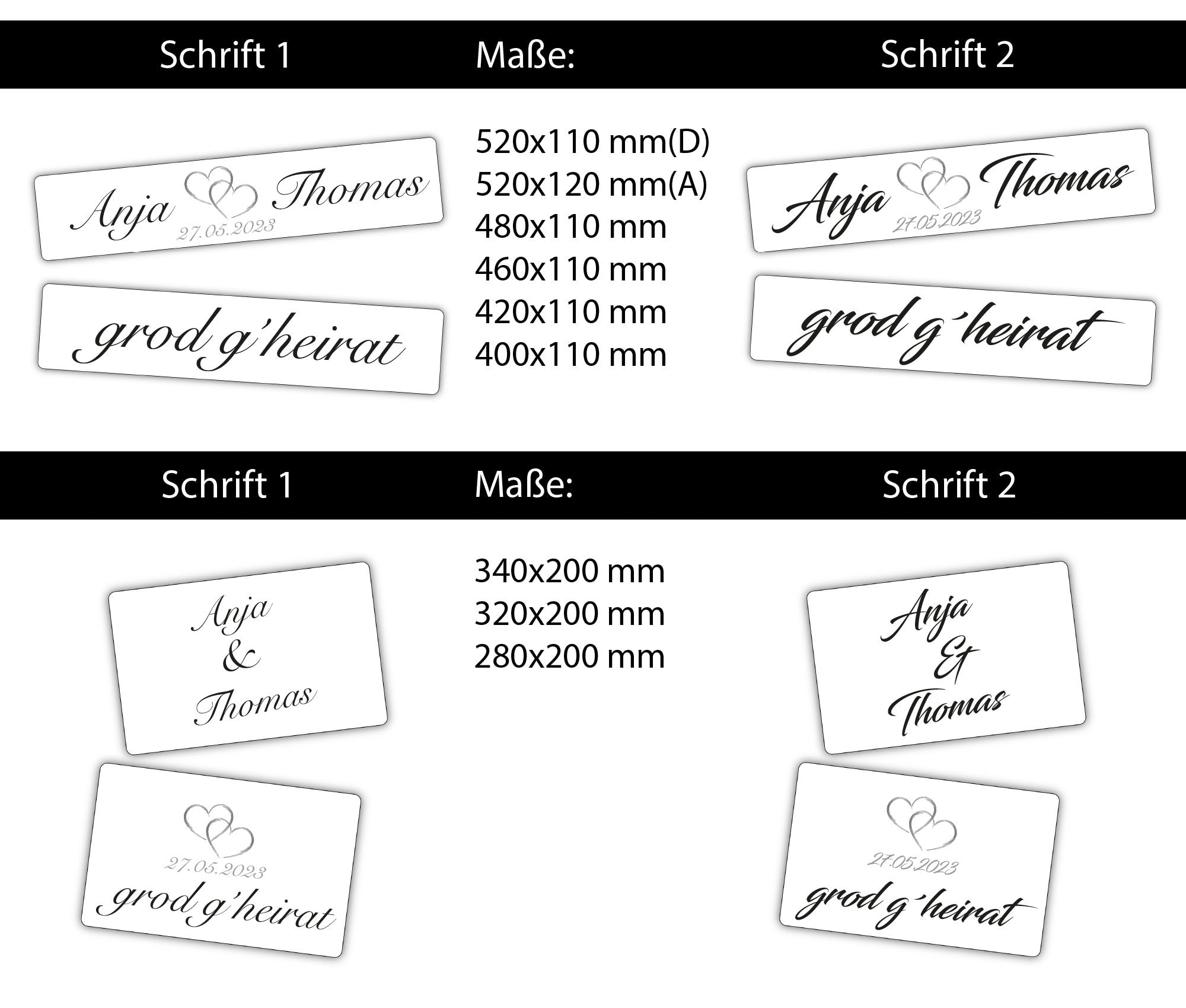 Hochzeitskennzeichen „Grod g'heirat“ – Herz Silber, personalisiert für Hochzeitsauto