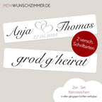 Hochzeitskennzeichen „Grod g'heirat“ – Herz Silber, personalisiert für Hochzeitsauto
