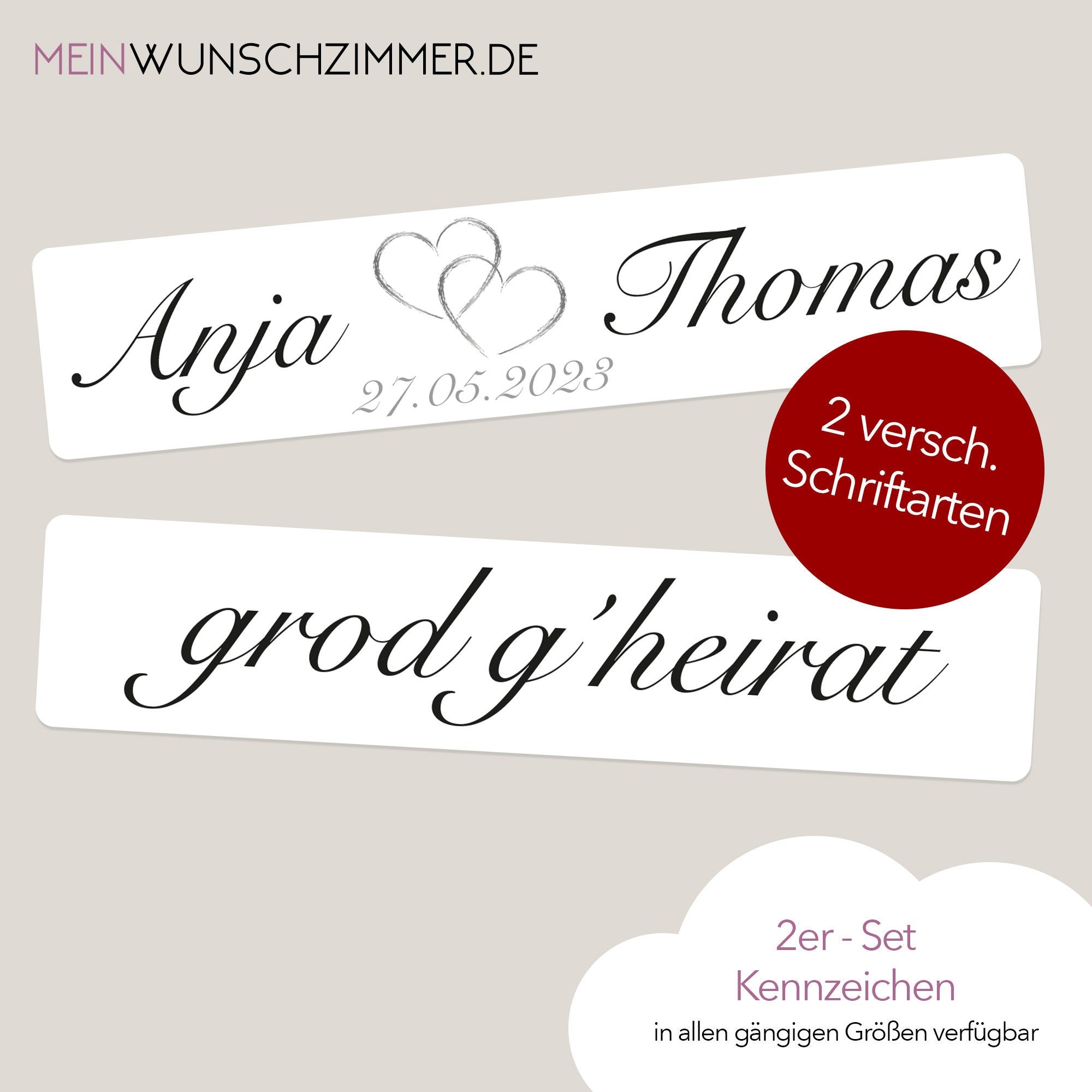 Hochzeitskennzeichen „Grod g'heirat“ – Herz Silber, personalisiert für Hochzeitsauto