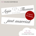 Hochzeitskennzeichen „Just Married“ – Herz Silber, personalisiert für Hochzeitsauto