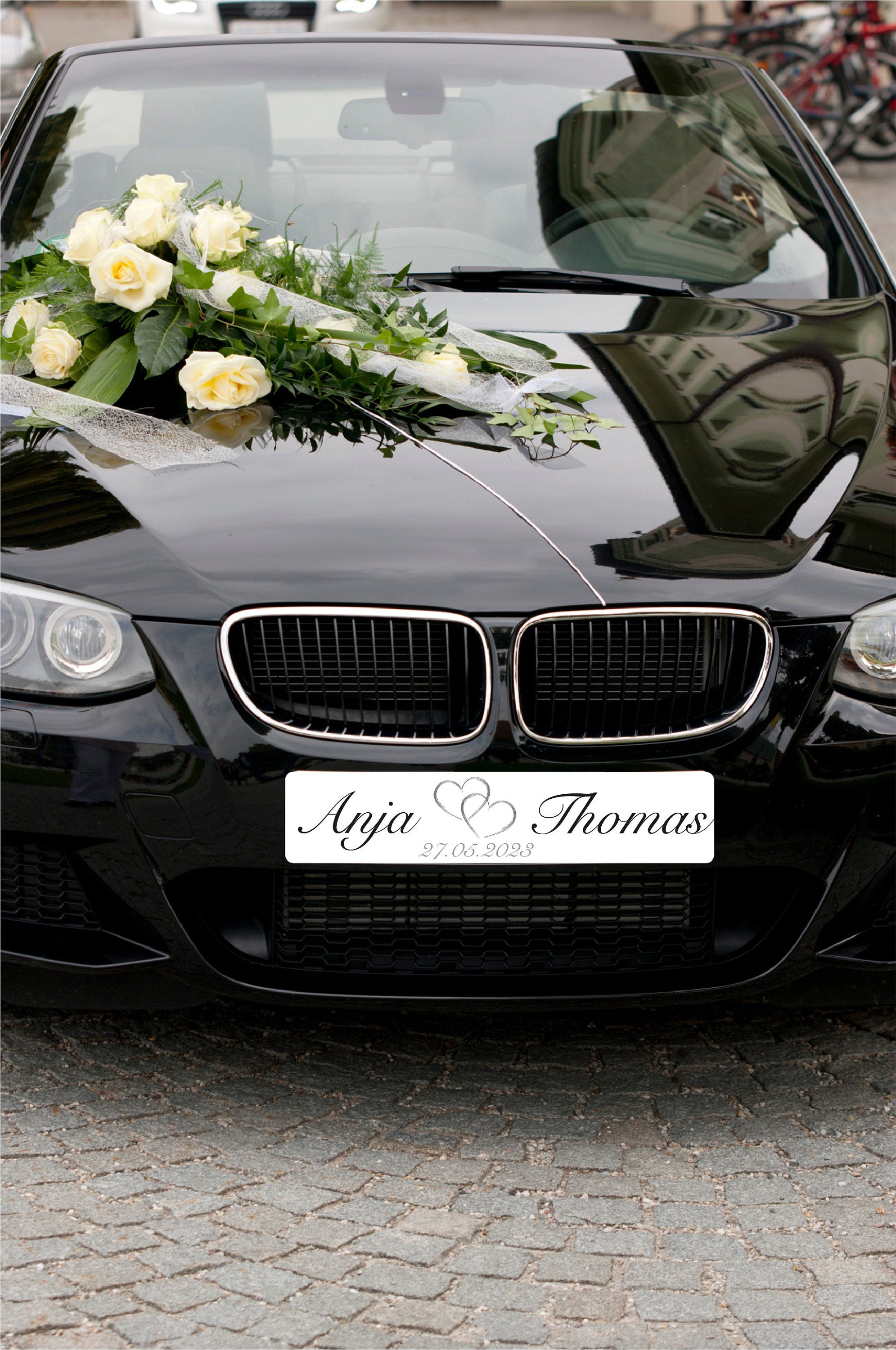Hochzeitskennzeichen „Just Married“ – Herz Silber, personalisiert für Hochzeitsauto