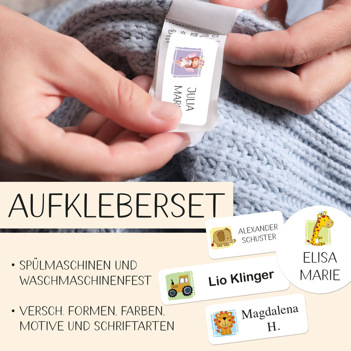 Personalisierte Namensaufkleber – Wunschmotiv für Kindergarten, Kita und Schule