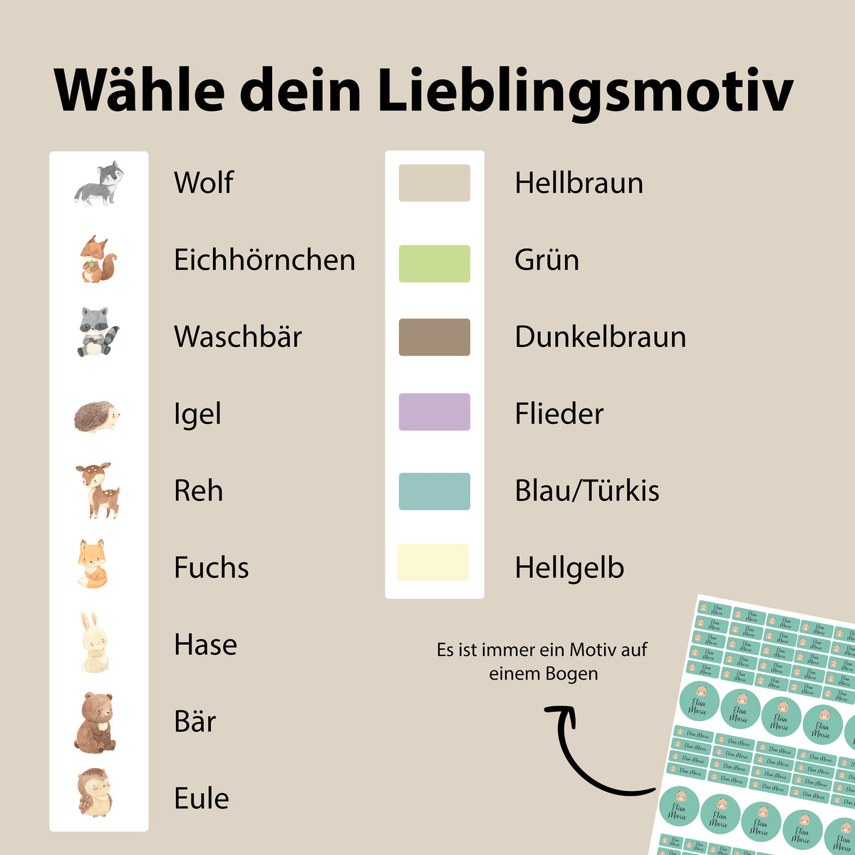Personalisierte Namensaufkleber – Waldtiere Aquarell – Produktansicht 3