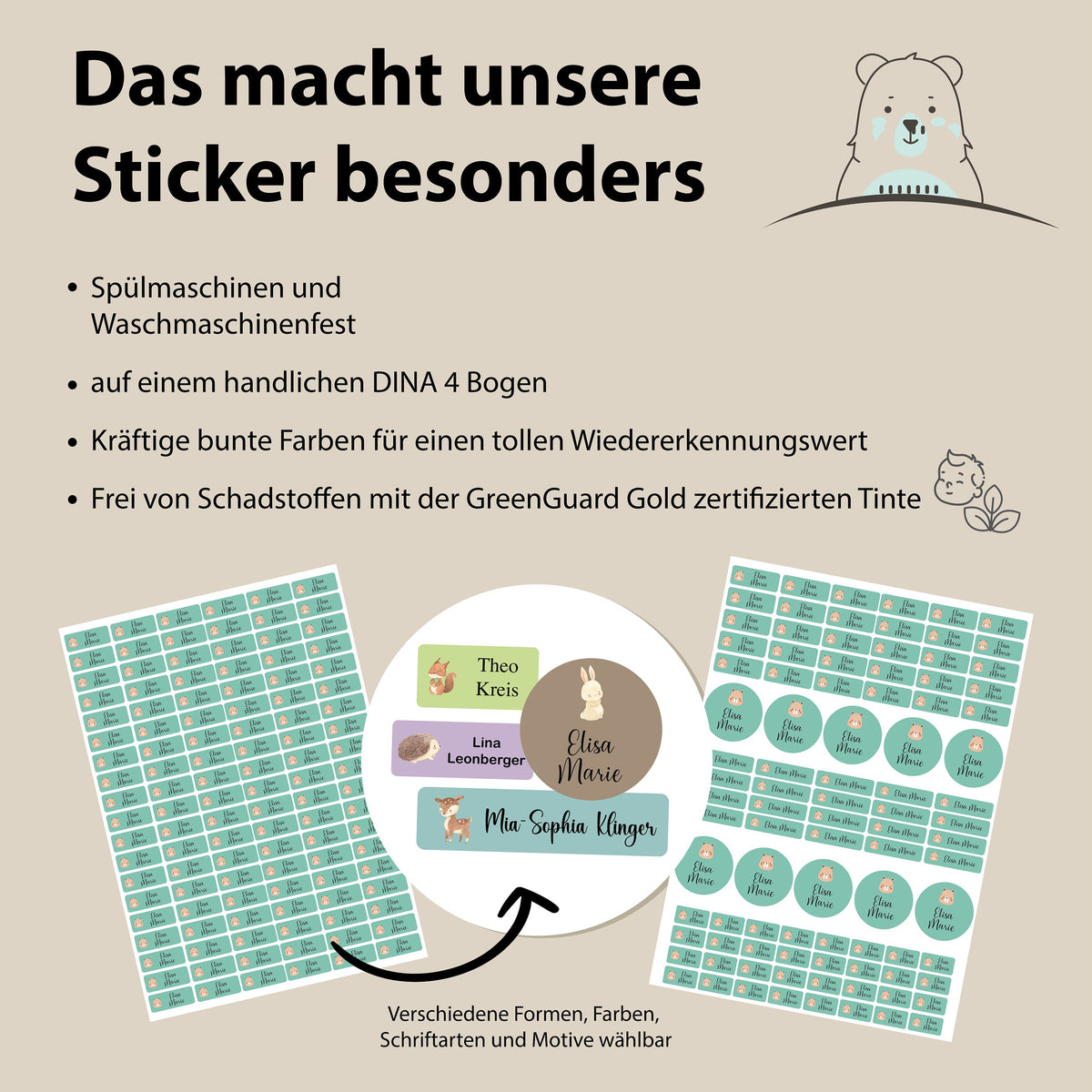 Personalisierte Namensaufkleber – Waldtiere Aquarell – Produktansicht 4