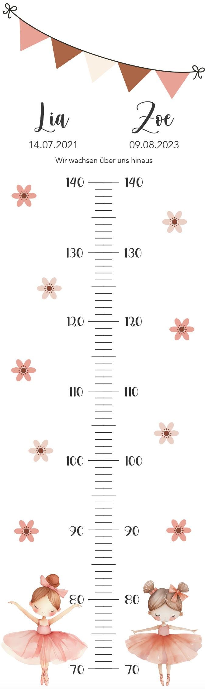 Geschwister Messlatte Ballerina, Kinder 70-140cm, Zwillinge, Messlatte Kinder Holz, Taufgeschenk, Personalisiert, Kinderzimmer, Geburt
