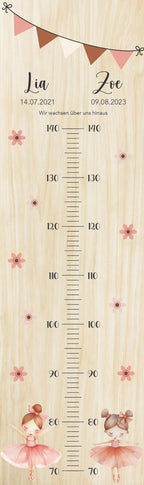 Geschwister Messlatte Ballerina, Kinder 70-140cm, Zwillinge, Messlatte Kinder Holz, Taufgeschenk, Personalisiert, Kinderzimmer, Geburt