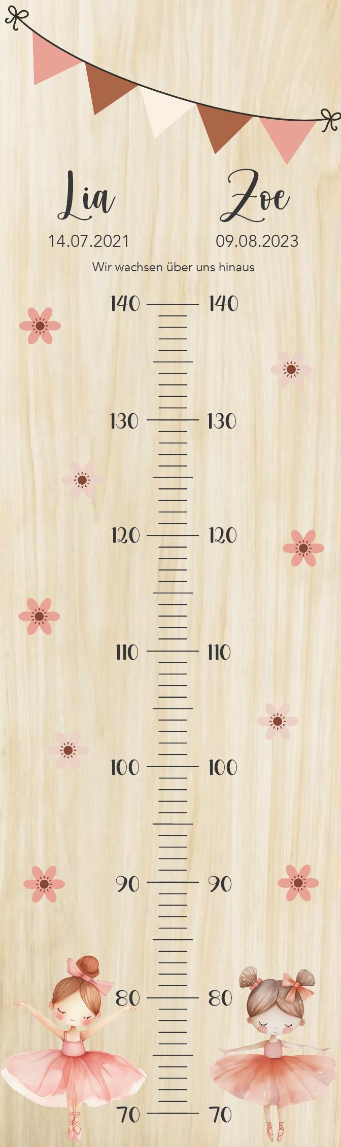 Geschwister Messlatte Ballerina, Kinder 70-140cm, Zwillinge, Messlatte Kinder Holz, Taufgeschenk, Personalisiert, Kinderzimmer, Geburt