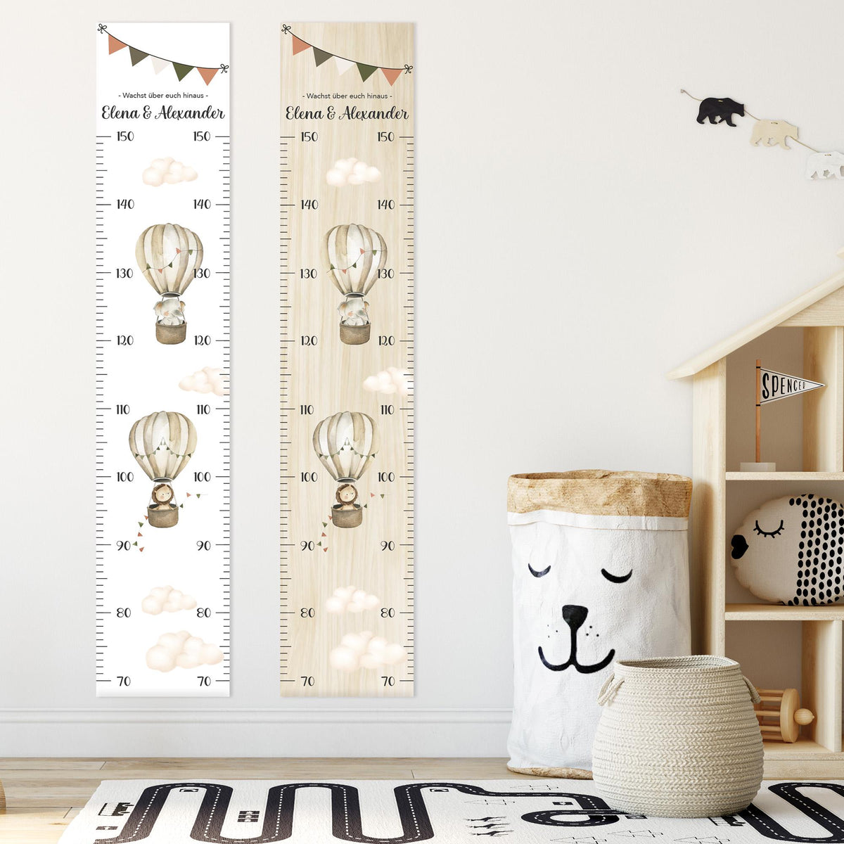 Geschwister Messlatte schmal Heißluftballon Kinder 70-150cm, Zwillinge, Holz, Baby, Taufgeschenk, Personalisiert, Kinderzimmer, Geburt