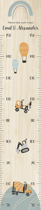 Geschwister Messlatte schmal Baustelle Kinder 70-150cm, Zwillinge, Messlatte Holz, Baby, Taufgeschenk, Personalisiert, Kinderzimmer, Geburt