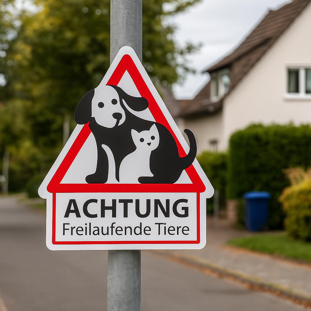 Mehrsprachiges Warnschild Achtung freilaufende Tiere aus Aluverbund