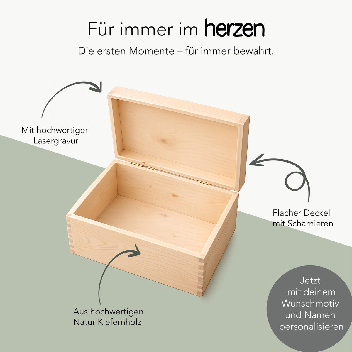 Erinnerungskiste Hochzeit aus Holz – Motiv Herzschrift, Produktansicht 3